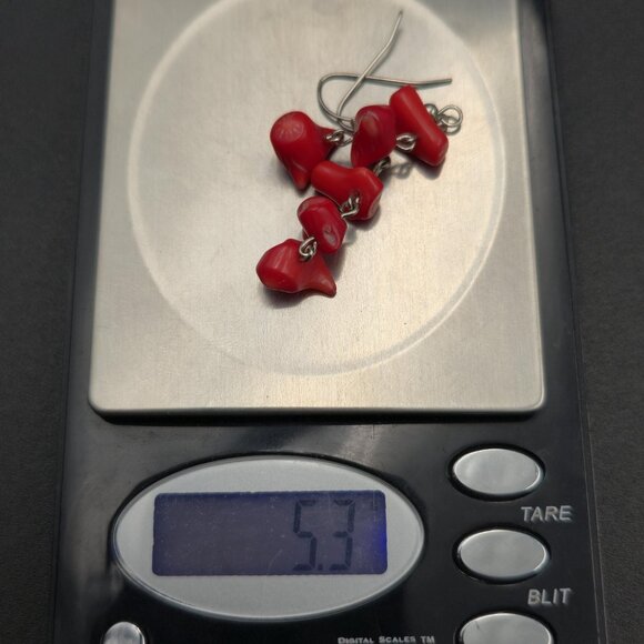 Silver Plated Red Coral Chunks Handmade Dangle Earrings A6095 - Picture 5 of 5